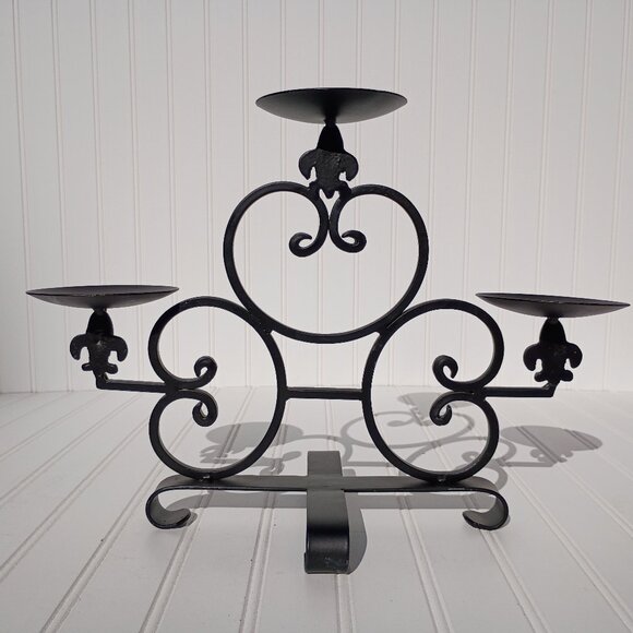 3 Tiered Iron Candelabra Black Metal Pillar Candle Centerpiece Fleur de Lis Vtg - Picture 1 of 8